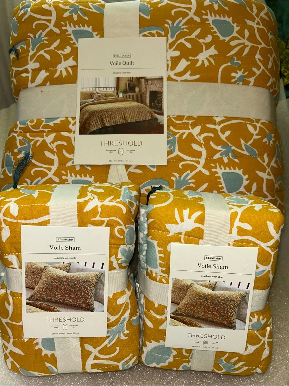 Threshold F/Q 3-Piece Set , Earthy Vines Mustard Yellow/ Teal Blue Set